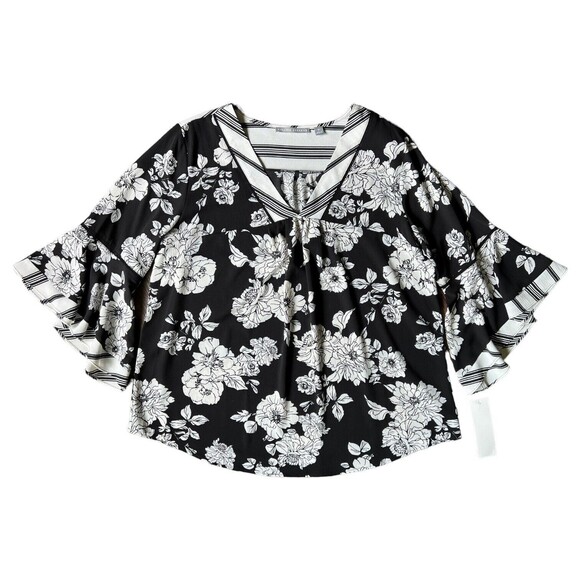 Valerie Stevens XL Black & White Floral Bell Sleeve Blouse, Crepe Top NEW NWT - Picture 2 of 9